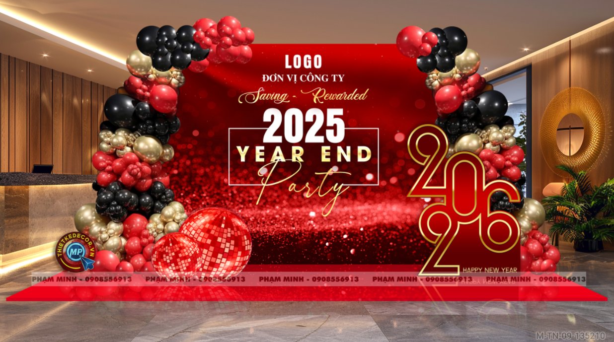 File thiết kế tiệc Tất niên 2025, Year End Party 2025 tone đỏ đen vàng trang trí bong bóng căng bạt sang trọng cho công ty.