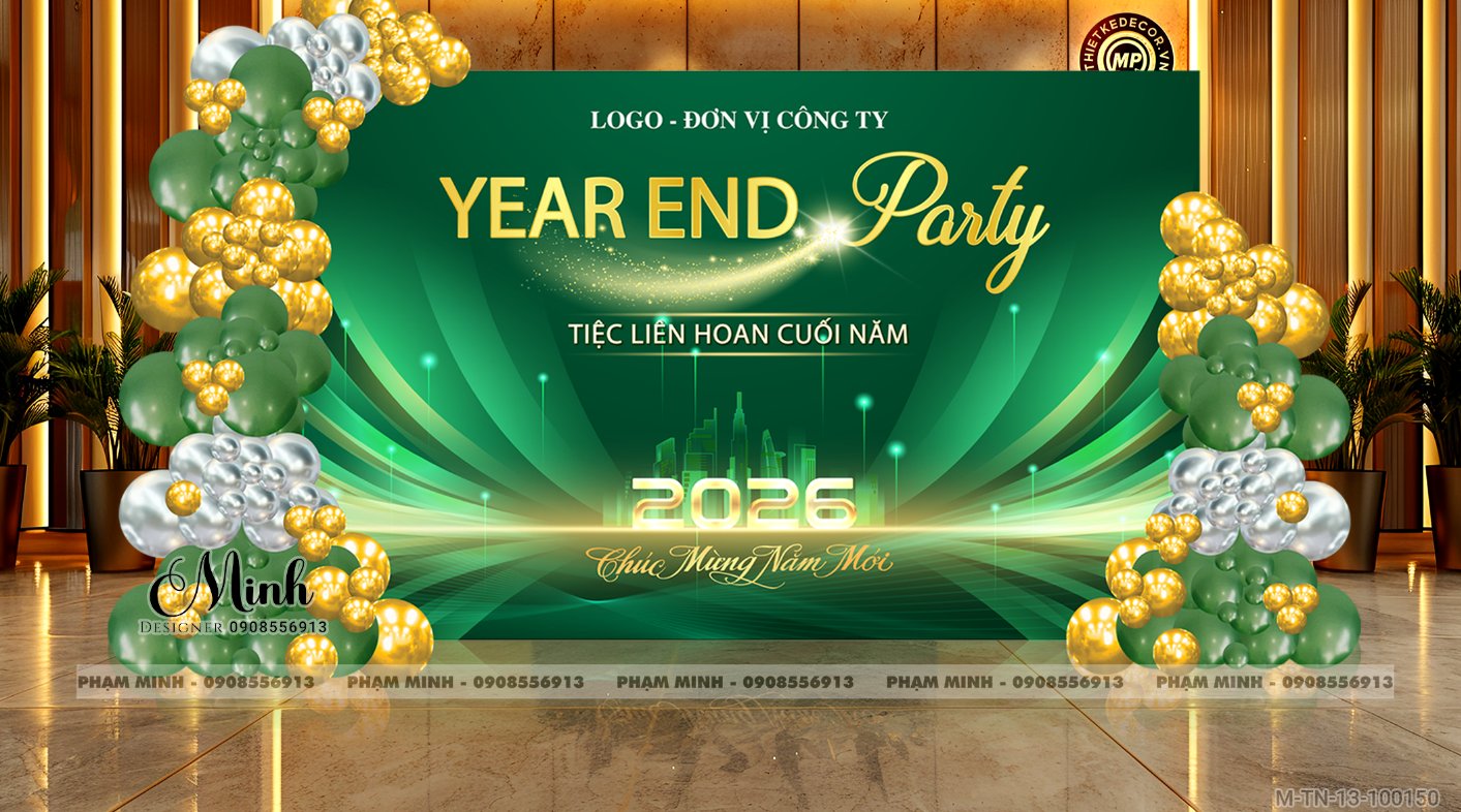 File thiết kế tiệc Tất niên 2025, Year End Party 2025 tone xanh lá trang trí bong bóng căng bạt sang trọng cho công ty. - Hình 1