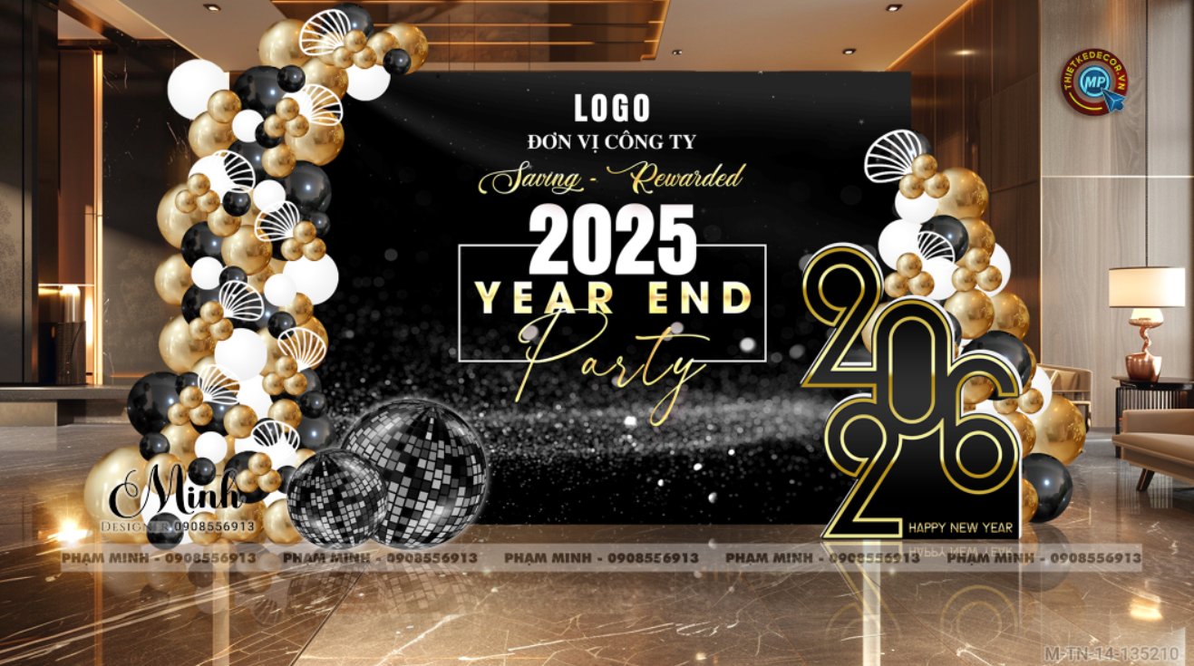 File thiết kế tiệc Tất niên 2025, Year End Party 2025 tone đen luxury trang trí bong bóng căng bạt sang trọng cho công ty.
