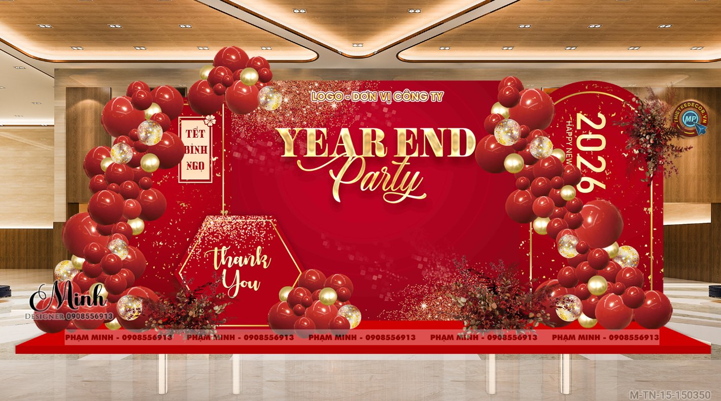 File thiết kế tiệc Tất niên 2025, Year End Party 2025 tone đỏ vàng trang trí bong bóng căng bạt sang trọng cho công ty.