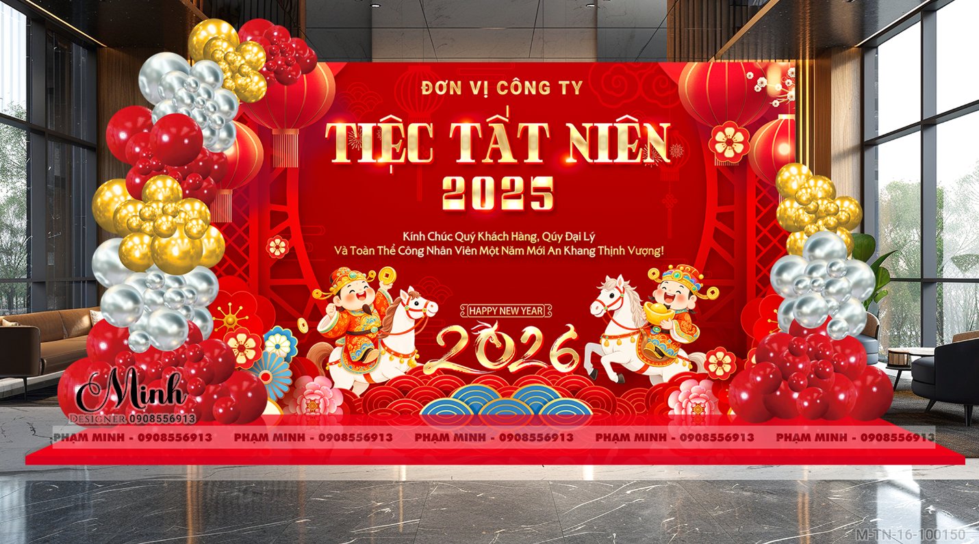 File thiết kế tiệc Tất niên 2025, Year End Party 2025 tone đỏ vàng trang trí bong bóng căng bạt sang trọng cho công ty.