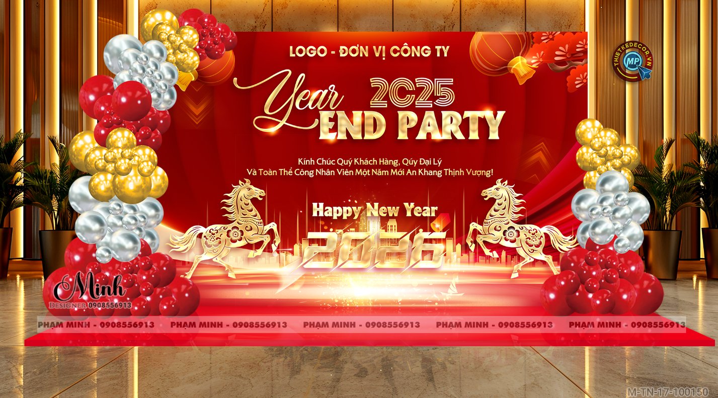 File thiết kế tiệc Tất niên 2025, Year End Party 2025 tone đỏ vàng trang trí bong bóng căng bạt sang trọng cho công ty.