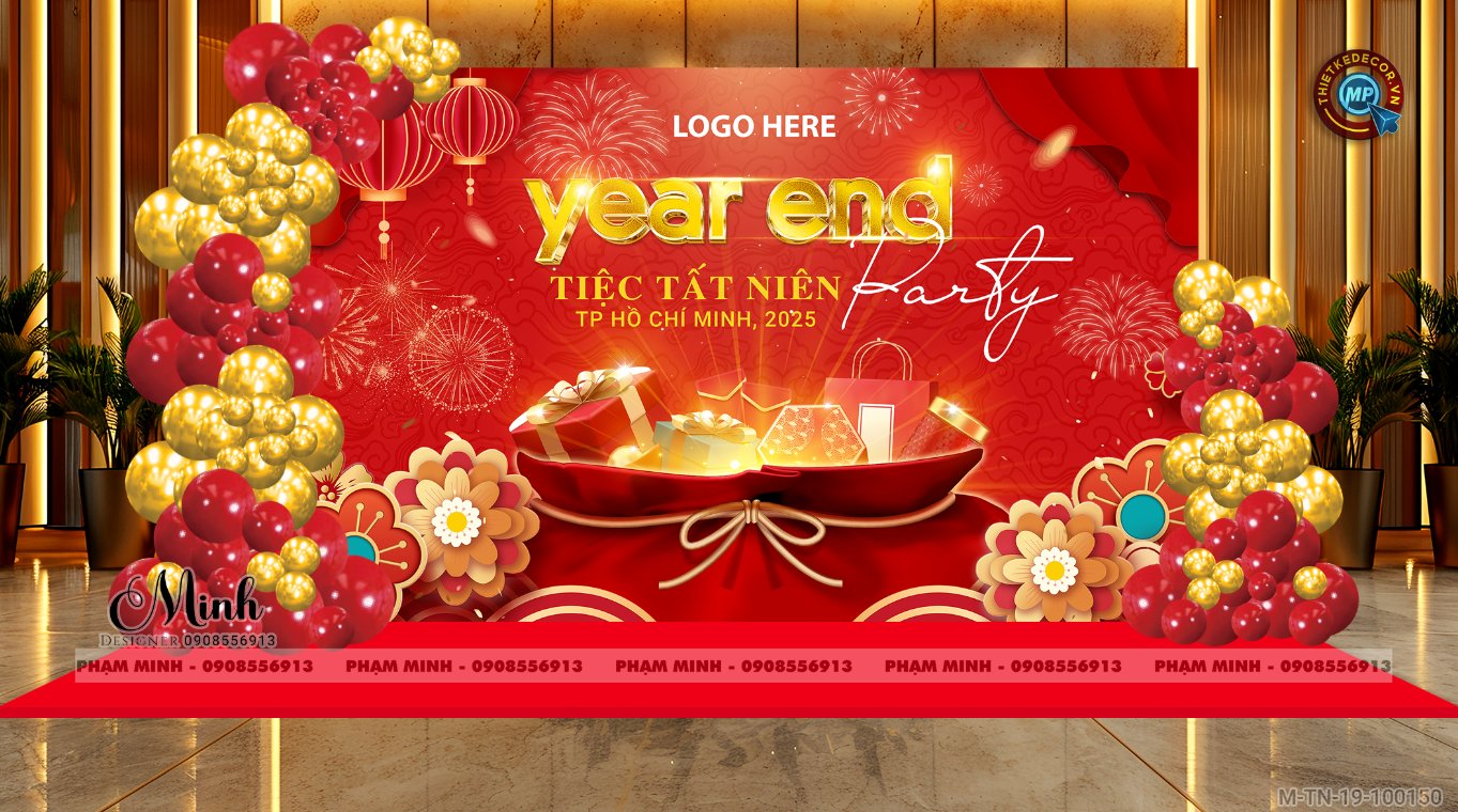 File thiết kế tiệc Tất niên 2025, Year End Party 2025 tone đỏ vàng trang trí bong bóng căng bạt sang trọng cho công ty.