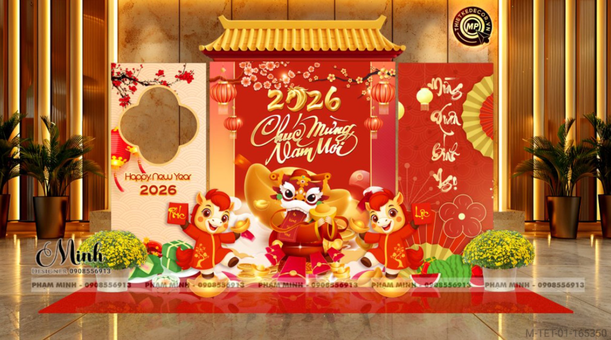 File thiết kế trang trí Tết 2026 Xuân Bính Ngọ decor không gian cho Sảnh chung cư, Nhà hàng, khách sạn, trường học, quán cà phê sang trọng, đẹp mắt.