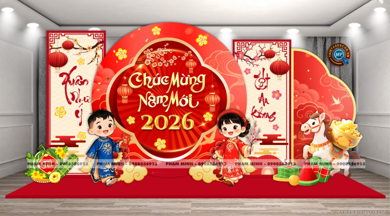 File thiết kế trang trí Tết 2026 Xuân Bính Ngọ decor không gian cho Sảnh chung cư, Nhà hàng, khách sạn, trường học, quán cà phê sang trọng, đẹp mắt.