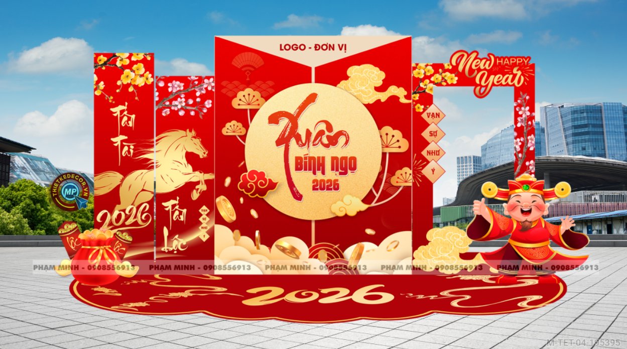 File thiết kế trang trí Tết 2026 Xuân Bính Ngọ decor không gian cho Sảnh chung cư, Nhà hàng, khách sạn, trường học, quán cà phê sang trọng, đẹp mắt.