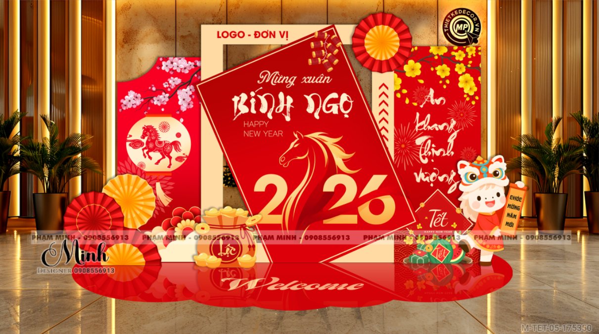 File thiết kế trang trí Tết 2026 Xuân Bính Ngọ decor không gian cho Sảnh chung cư, Nhà hàng, khách sạn, trường học, quán cà phê sang trọng, đẹp mắt.