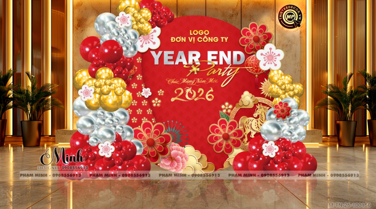 File thiết kế tiệc Tất niên 2025, Year End Party 2025 tone đỏ vàng trang trí bong bóng căng bạt sang trọng cho công ty.