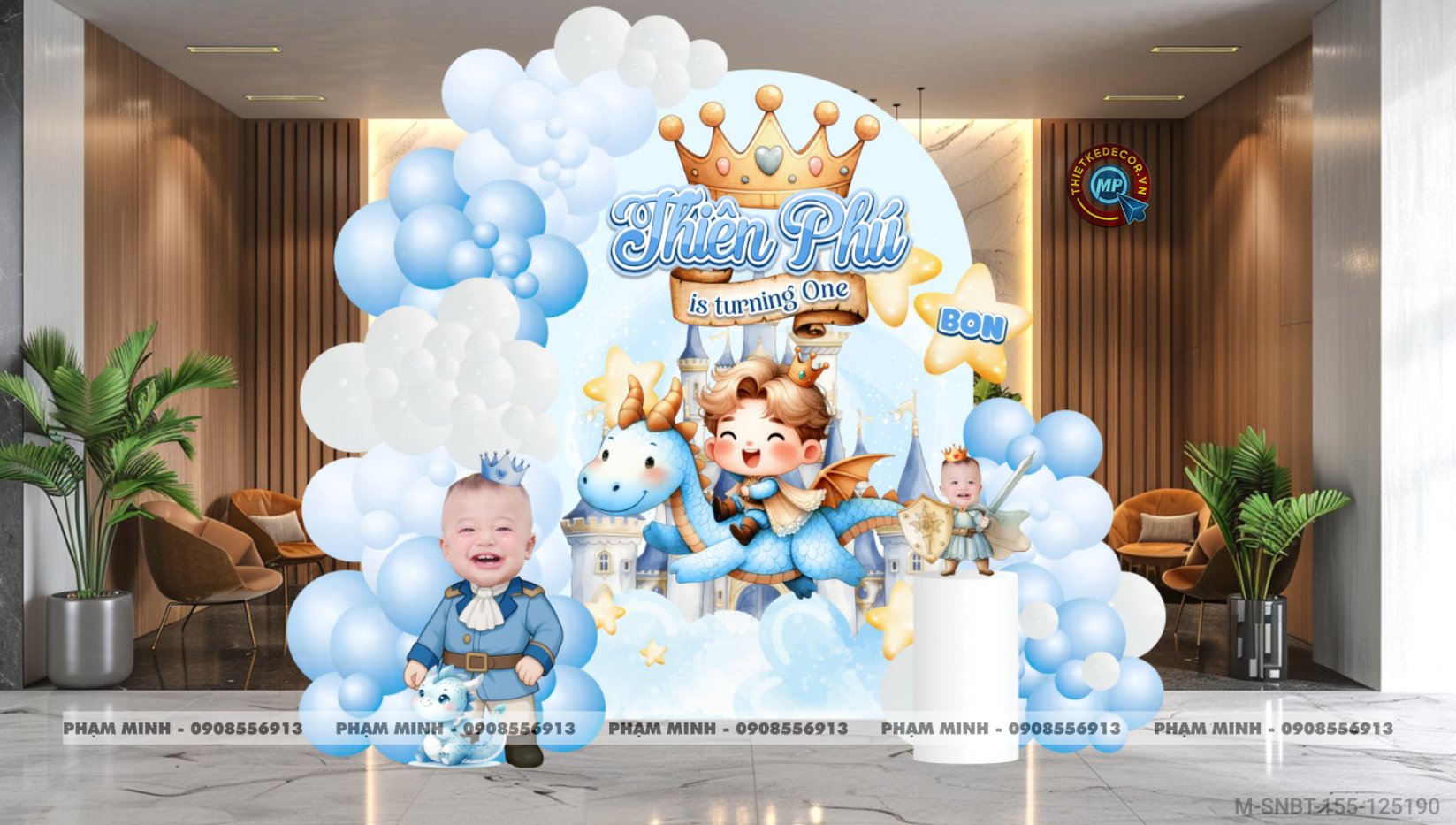 File thiết kế sinh nhật bé trai 1 tuổi chủ đề hoàng tử lâu đài xanh xanh da trời cute dễ thương.