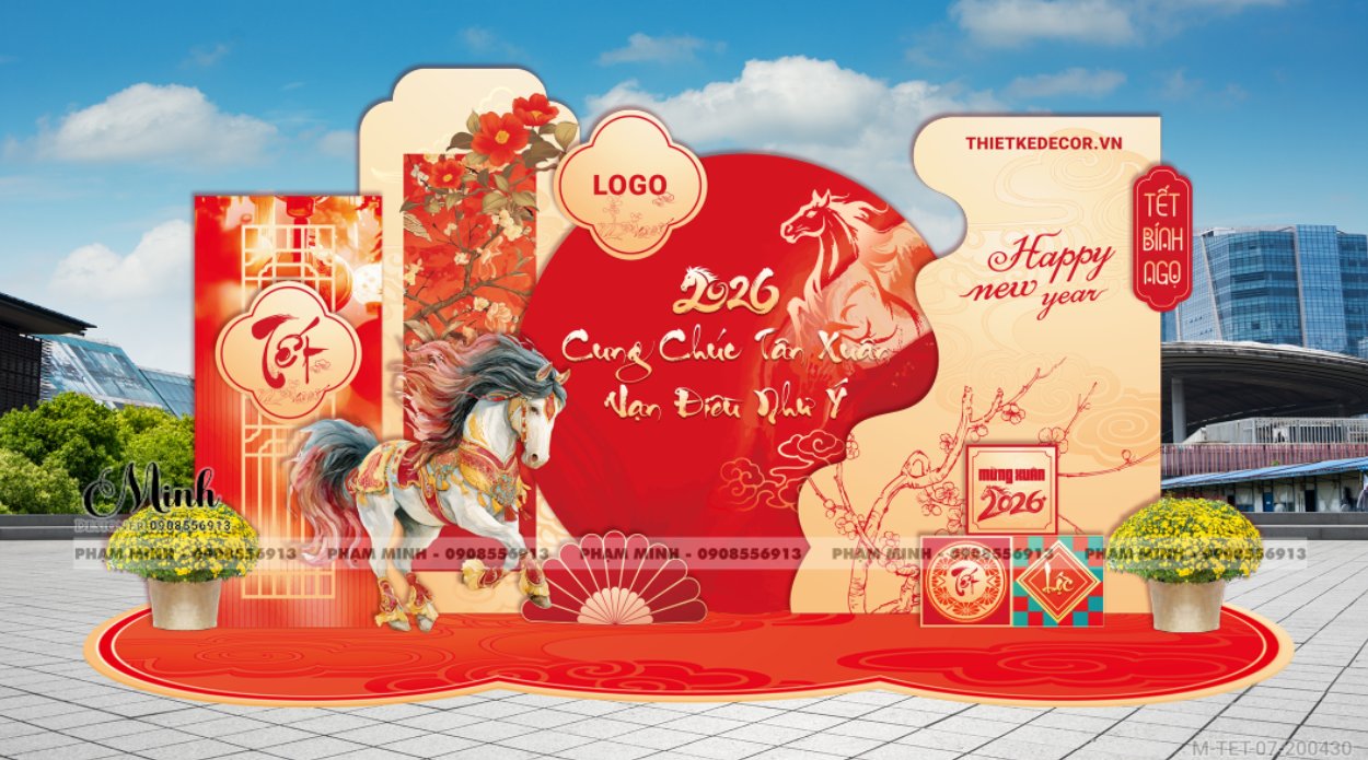 File thiết kế trang trí Tết 2026 Xuân Bính Ngọ decor không gian cho Sảnh chung cư, Nhà hàng, khách sạn, trường học, quán cà phê sang trọng, đẹp mắt. - Hình 2