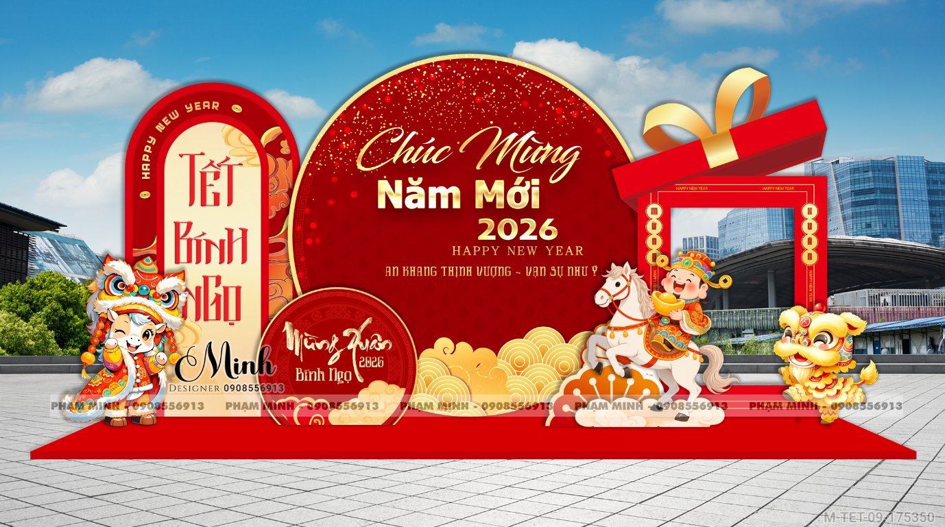 File thiết kế trang trí Tết 2026 Xuân Bính Ngọ decor không gian cho Sảnh chung cư, Nhà hàng, khách sạn, trường học, quán cà phê sang trọng, đẹp mắt.