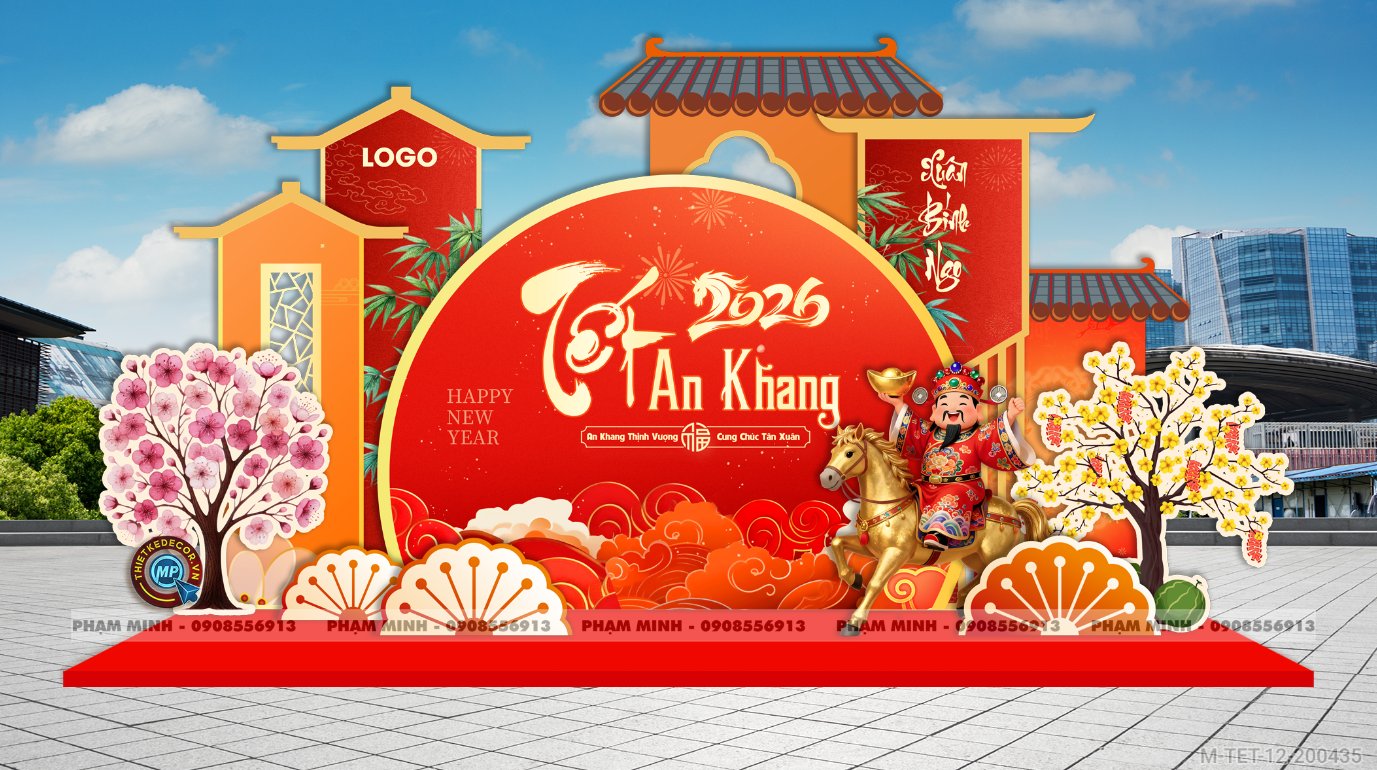 File thiết kế trang trí Tết 2026 Xuân Bính Ngọ decor không gian cho Sảnh chung cư, Nhà hàng, khách sạn, trường học, quán cà phê sang trọng, đẹp mắt.