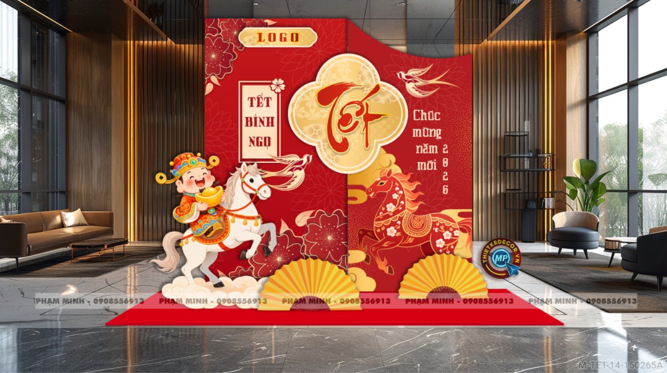 File thiết kế trang trí Tết 2026 Xuân Bính Ngọ decor không gian cho Sảnh chung cư, Nhà hàng, khách sạn, trường học, quán cà phê sang trọng, đẹp mắt.