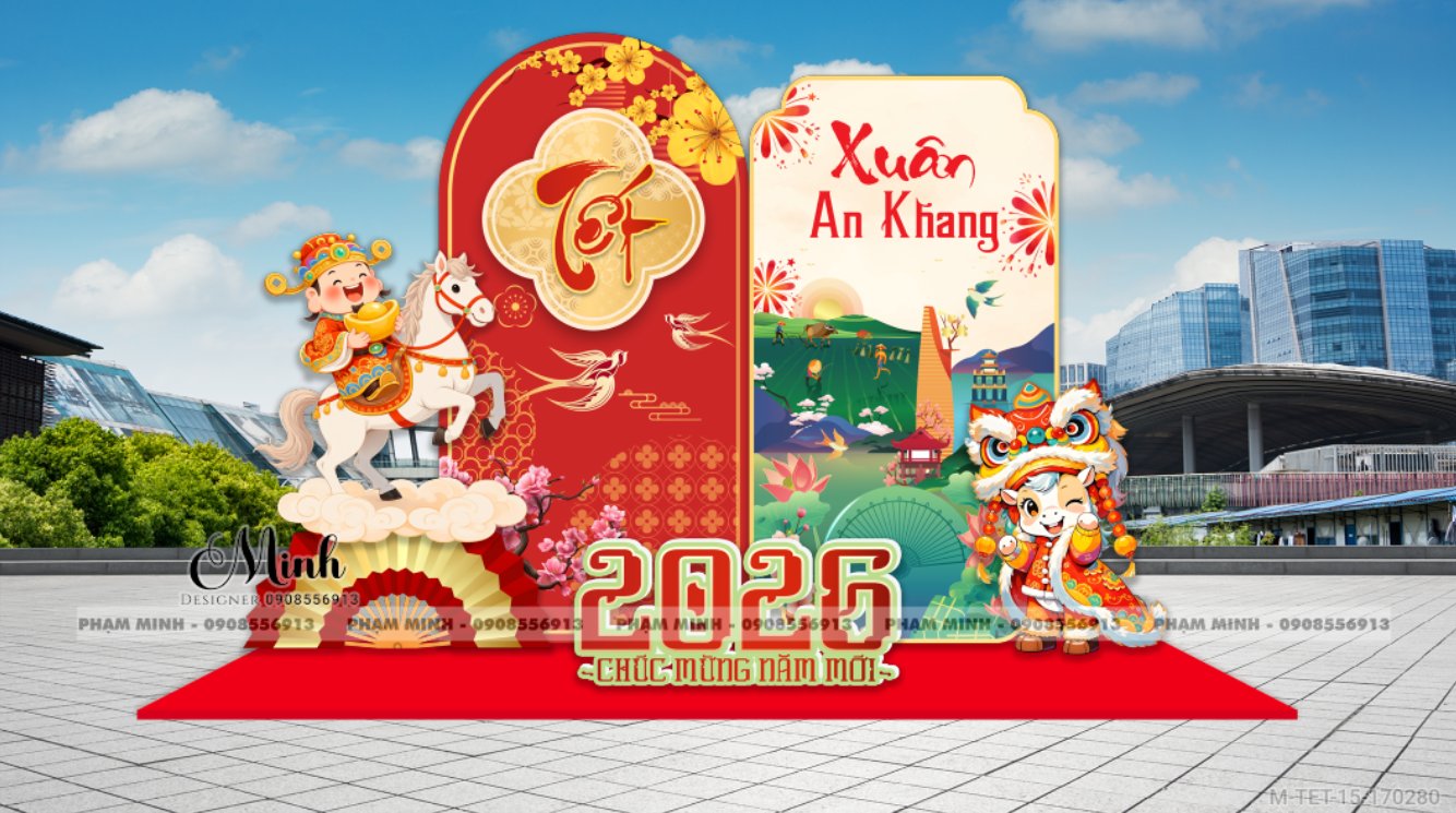 File thiết kế trang trí Tết 2026 Xuân Bính Ngọ decor không gian cho Sảnh chung cư, Nhà hàng, khách sạn, trường học, quán cà phê sang trọng, đẹp mắt.