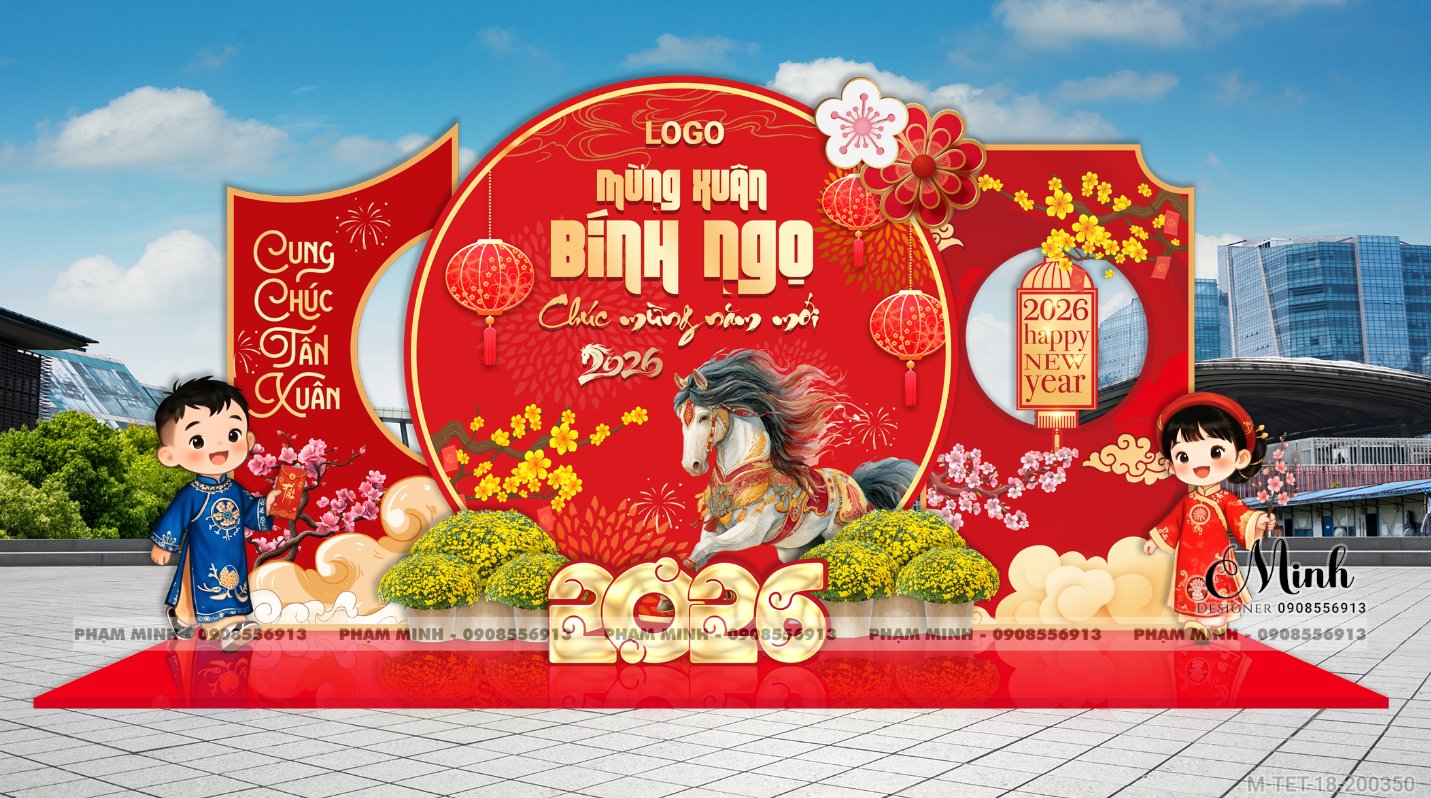 File thiết kế trang trí Tết 2026 Xuân Bính Ngọ decor không gian cho Sảnh chung cư, Nhà hàng, khách sạn, trường học, quán cà phê sang trọng, đẹp mắt.