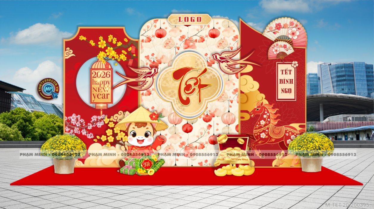 File thiết kế trang trí Tết 2026 Xuân Bính Ngọ decor không gian cho Sảnh chung cư, Nhà hàng, khách sạn, trường học, quán cà phê sang trọng, đẹp mắt.