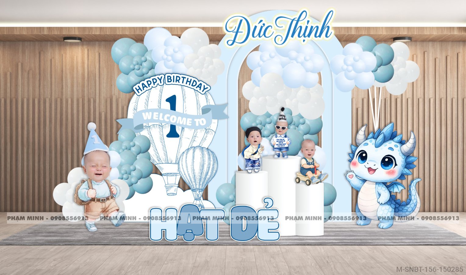 File thiết kế decor trang trí sinh nhật bé trai 1 tuổi con rồng tone xanh da trời blue cute dễ thương.