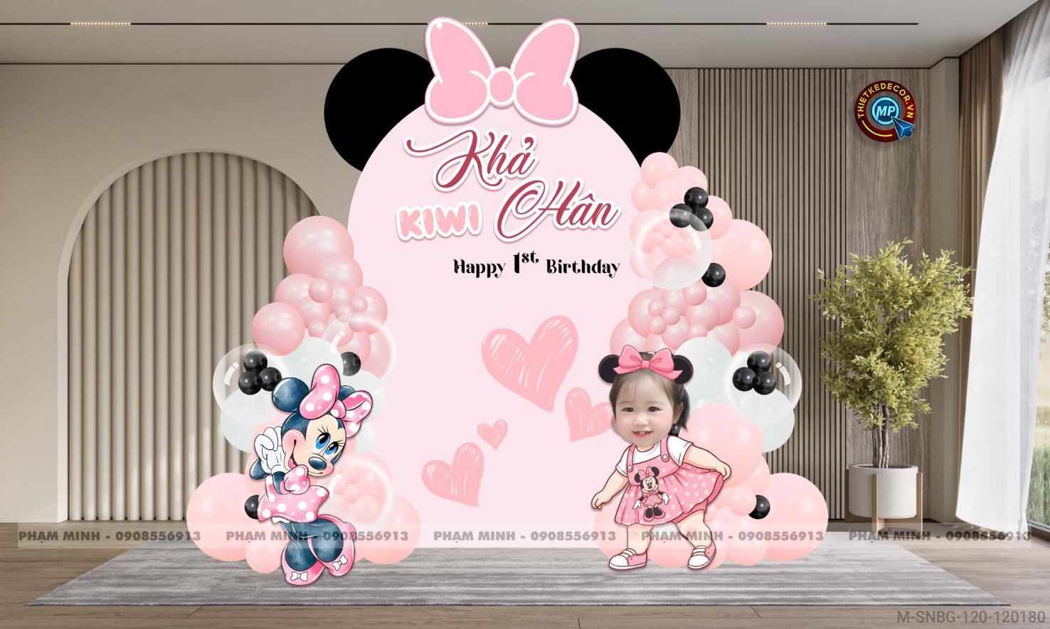 File thiết kế trang trí decor sinh nhật bé gái chủ đề minnie lâu đài tone hồng cute đáng yêu dễ thương