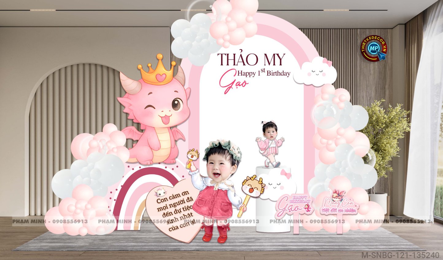 File thiết kế decor trang trí sinh nhật bé gái 1 tuổi chủ đề rồng dễ thương  tone hồng cute đáng yêu.