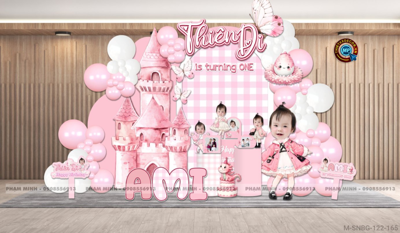 File thiết kế trang trí decor sinh nhật bé gái tuổi thìn rồng tone hồng chủ đề lâu đài cute dễ thương đáng yêu