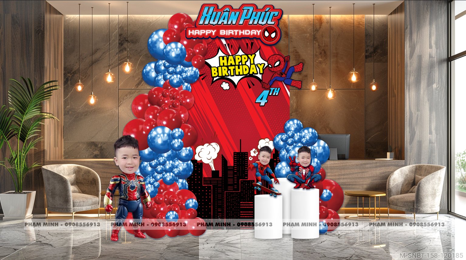 File thiết kế decor trang trí sinh nhật bé trai chủ đề siêu nhân Spiderman tone xanh đỏ cute dễ thương.