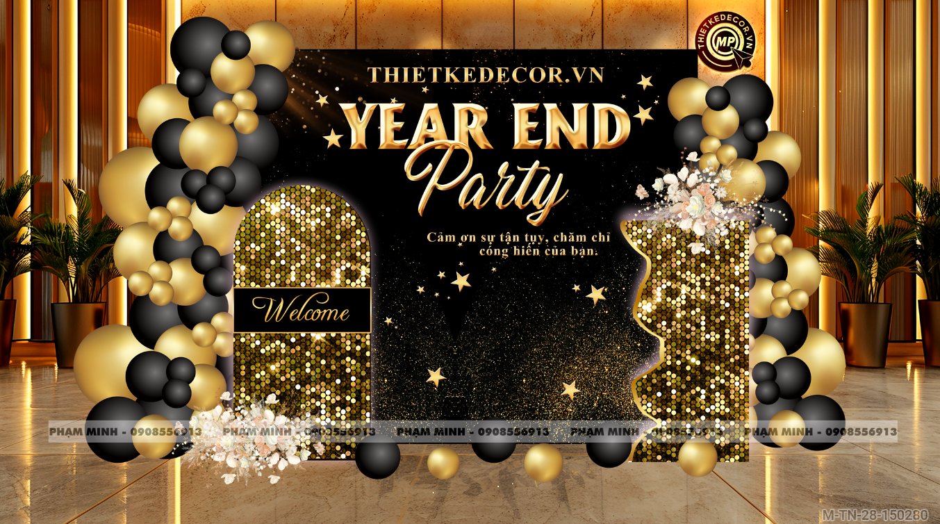 File thiết kế tiệc Tất niên 2025, Year End Party 2025 tone đen luxury trang trí bong bóng căng bạt sang trọng cho công ty.