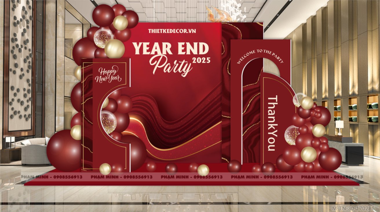 File thiết kế tiệc Tất niên 2025, Year End Party 2025 tone đỏ luxury trang trí bong bóng căng bạt sang trọng cho công ty.