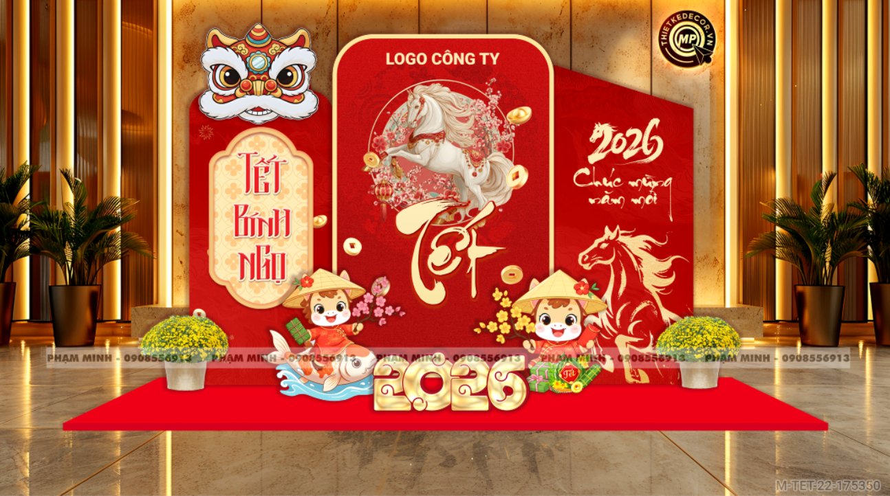 File thiết kế trang trí Tết 2026 Xuân Bính Ngọ decor không gian cho Sảnh chung cư, Nhà hàng, khách sạn, trường học, quán cà phê sang trọng, đẹp mắt.