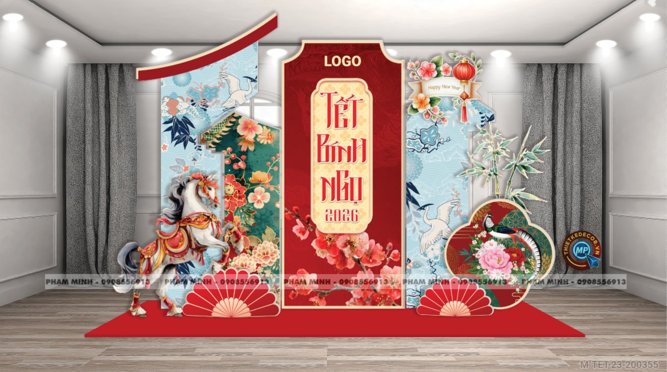 File thiết kế trang trí Tết 2026 Xuân Bính Ngọ decor không gian cho Sảnh chung cư, Nhà hàng, khách sạn, trường học, quán cà phê sang trọng, đẹp mắt.