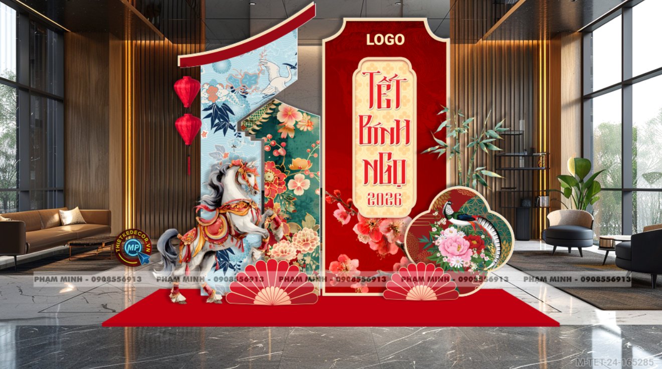 File thiết kế trang trí Tết 2026 Xuân Bính Ngọ decor không gian cho Sảnh chung cư, Nhà hàng, khách sạn, trường học, quán cà phê sang trọng, đẹp mắt.