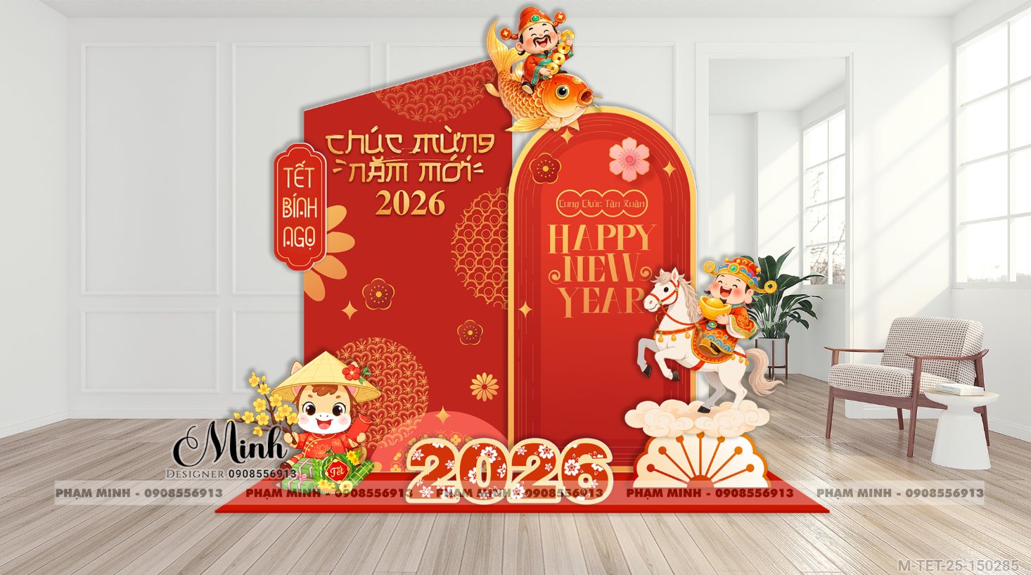 File thiết kế trang trí Tết 2026 Xuân Bính Ngọ decor không gian cho Sảnh chung cư, Nhà hàng, khách sạn, trường học, quán cà phê sang trọng, đẹp mắt.