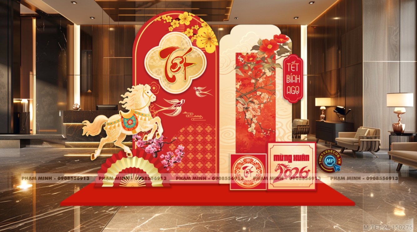 File thiết kế trang trí Tết 2026 Xuân Bính Ngọ decor không gian cho Sảnh chung cư, Nhà hàng, khách sạn, trường học, quán cà phê sang trọng, đẹp mắt.