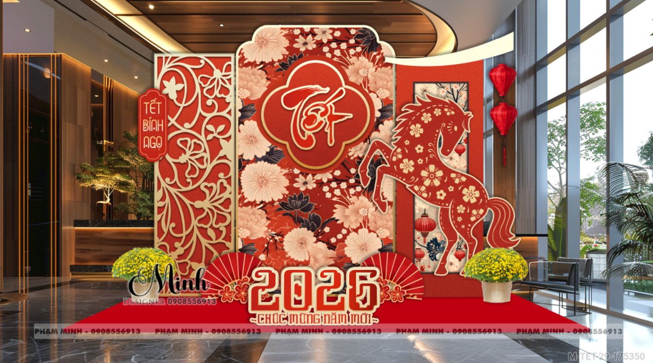 File thiết kế trang trí Tết 2026 Xuân Bính Ngọ decor không gian cho Sảnh chung cư, Nhà hàng, khách sạn, trường học, quán cà phê sang trọng, đẹp mắt.