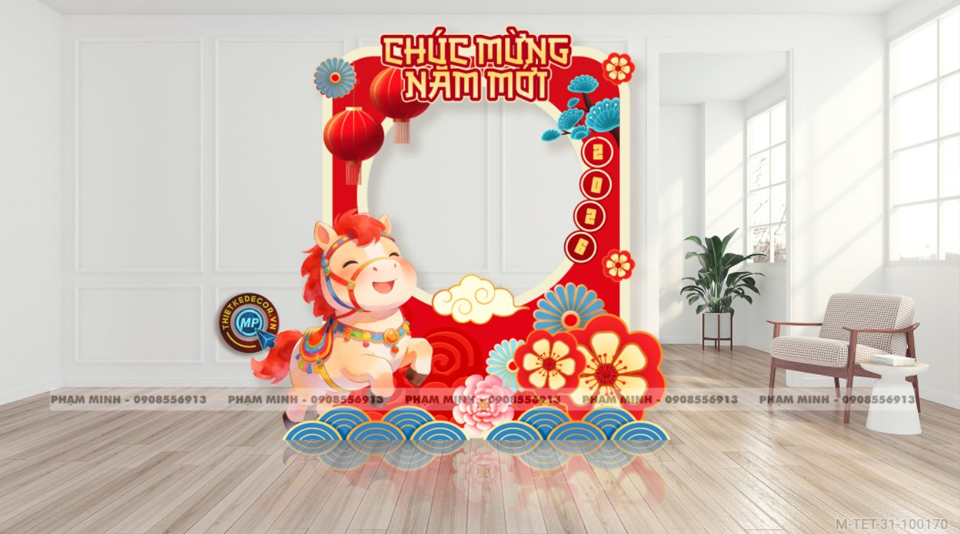 File thiết kế khung chụp ảnh trang trí Tết 2026 Xuân Bính Ngọ decor tiểu cảnh không gian cho Sảnh chung cư, Nhà hàng, khách sạn, trường học, quán cà phê sang trọng, đẹp mắt.