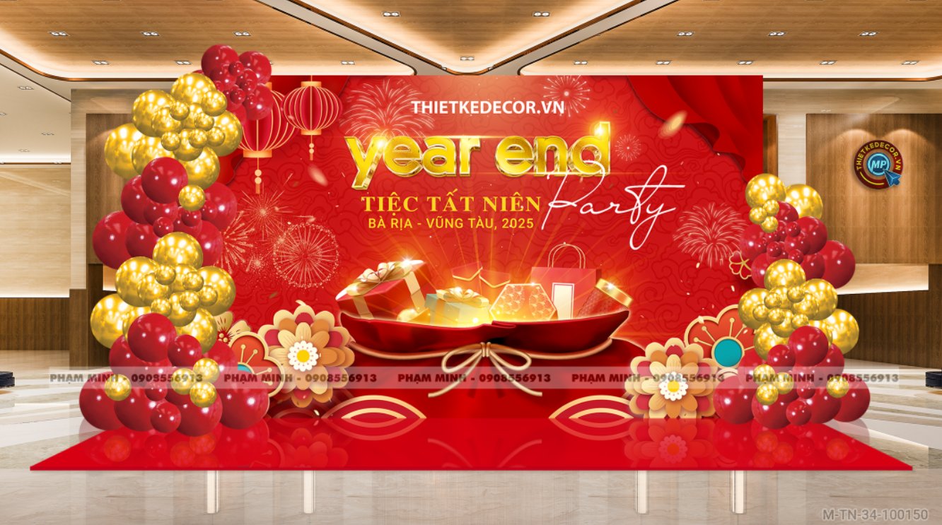 File thiết kế tiệc Tất niên 2025, Year End Party 2025 tone đỏ vàng trang trí bong bóng căng bạt sang trọng cho công ty.