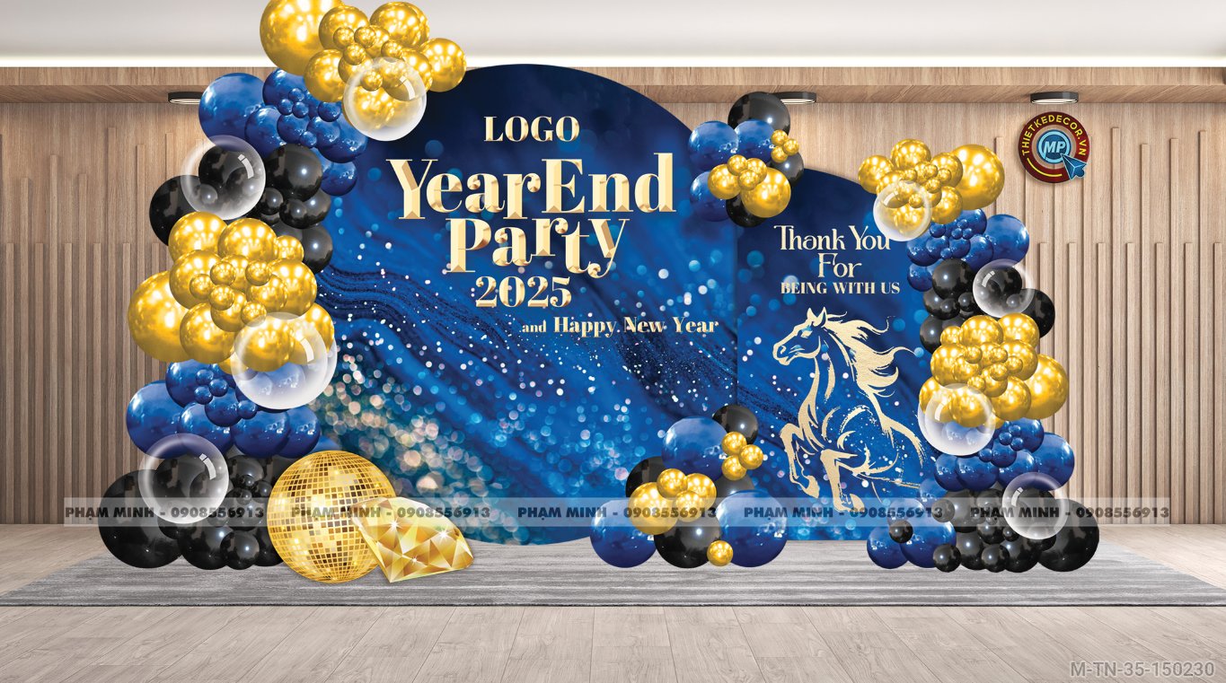 File thiết kế tiệc Tất niên 2025, Year End Party 2025 tone xanh luxury trang trí bong bóng căng bạt sang trọng cho công ty.