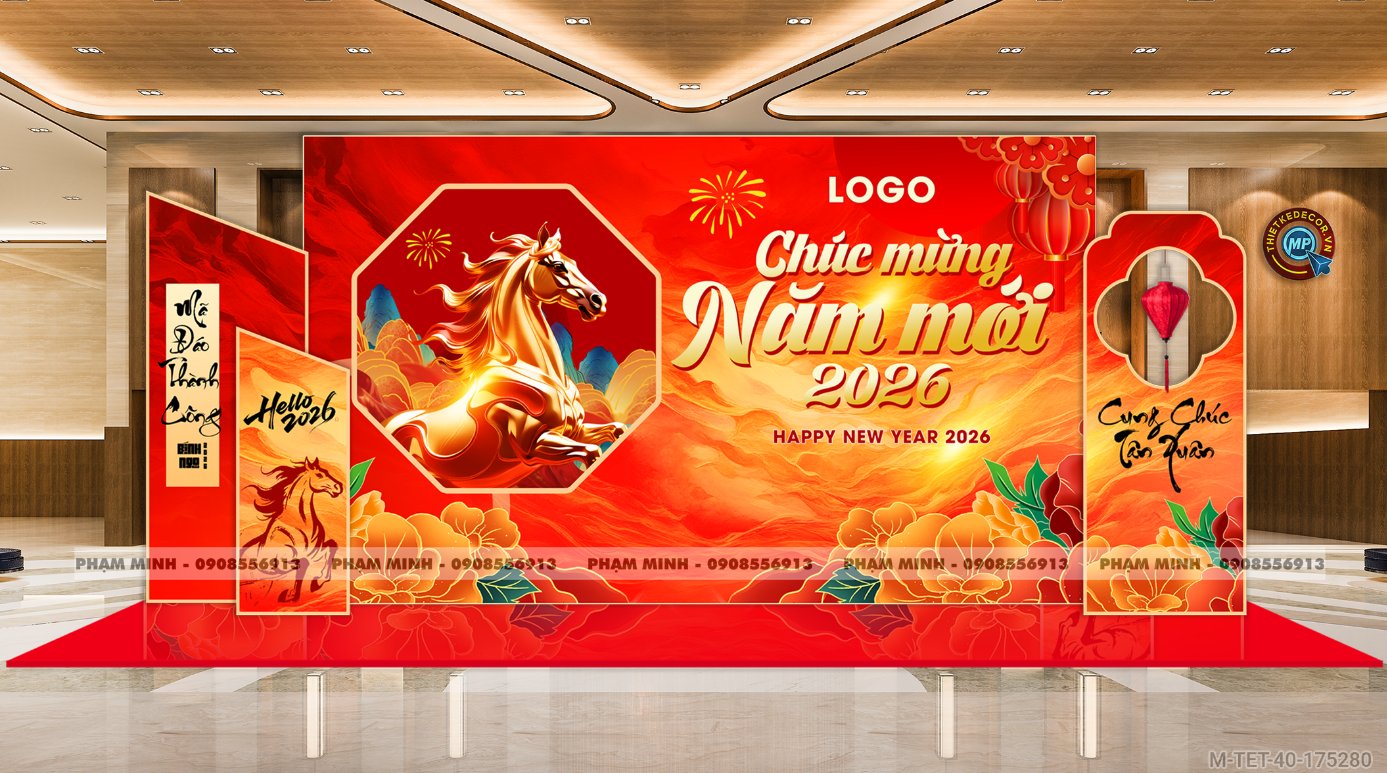 File thiết kế trang trí Tết 2026 Xuân Bính Ngọ decor tiểu cảnh không gian chụp ảnh checkin cho Sảnh chung cư, Nhà hàng, khách sạn, trường học, quán cà phê sang trọng, đẹp mắt.