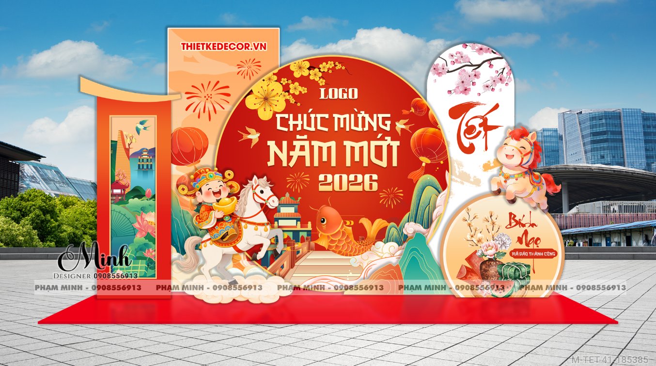 File thiết kế trang trí Tết 2026 Xuân Bính Ngọ decor tiểu cảnh không gian chụp ảnh checkin cho Sảnh chung cư, Nhà hàng, khách sạn, trường học, quán cà phê sang trọng, đẹp mắt.