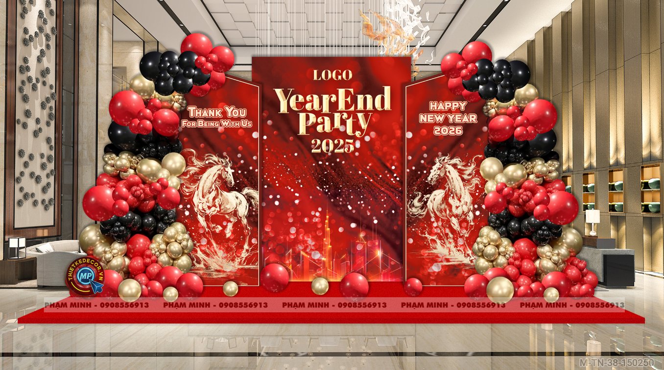 File thiết kế tiệc Tất niên 2025, Year End Party 2025 tone đỏ đen vàng luxury trang trí bong bóng căng bạt sang trọng cho công ty.