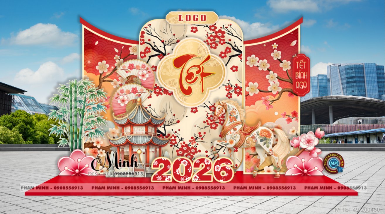 File thiết kế trang trí Tết 2026 Xuân Bính Ngọ decor tiểu cảnh không gian chụp ảnh checkin cho Sảnh chung cư, Nhà hàng, khách sạn, trường học, quán cà phê sang trọng, đẹp mắt. - Hình 1