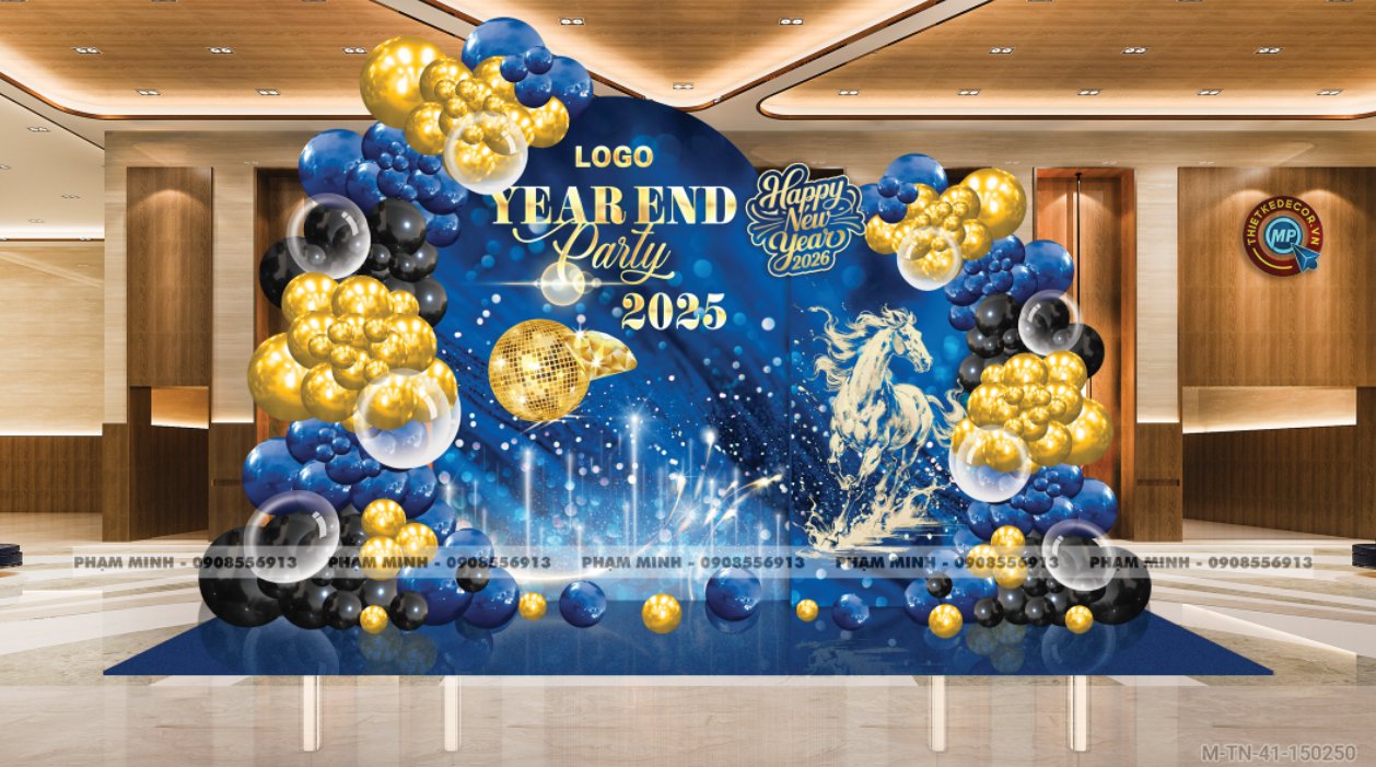 File thiết kế tiệc Tất niên 2025, Year End Party 2025 tone xanh luxury trang trí bong bóng căng bạt sang trọng cho công ty.