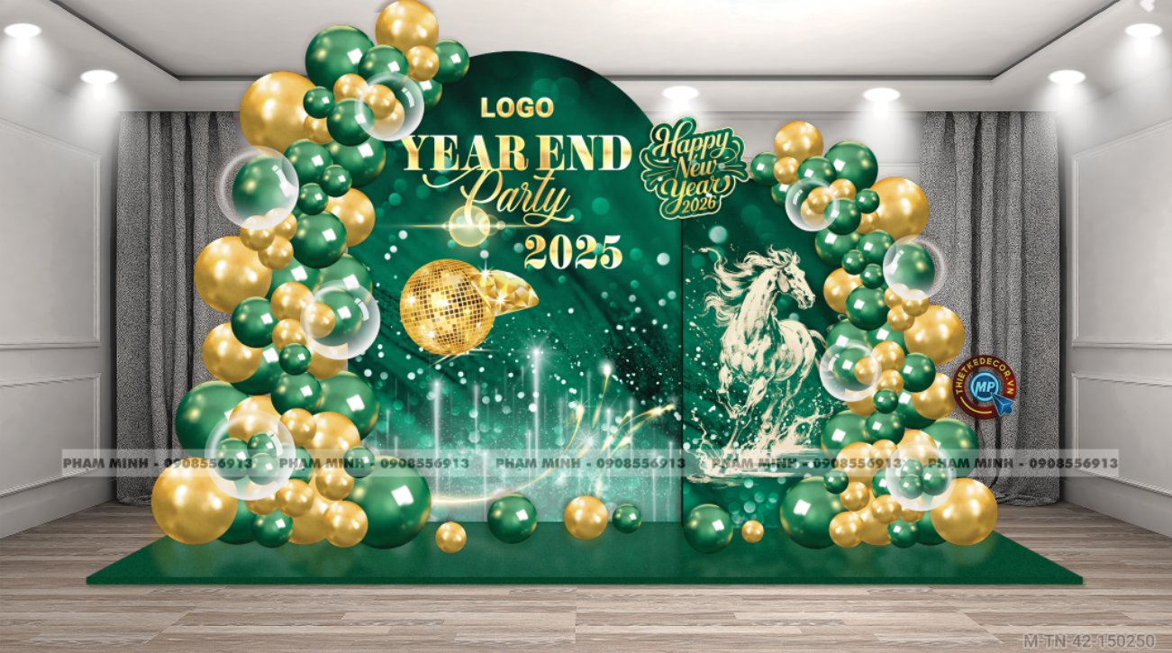 File thiết kế tiệc Tất niên 2025, Year End Party 2025 tone xanh lá luxury trang trí bong bóng căng bạt sang trọng cho công ty.