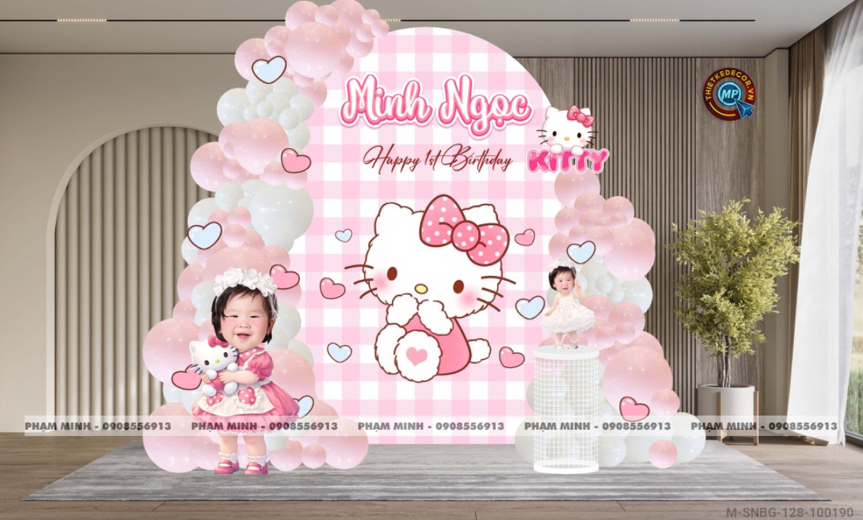 File thiết kế sinh nhật bé gái chủ đề Hello Kitty tone hồng decor bong bóng chụp ảnh dễ thương cute đáng yêu sang trọng.