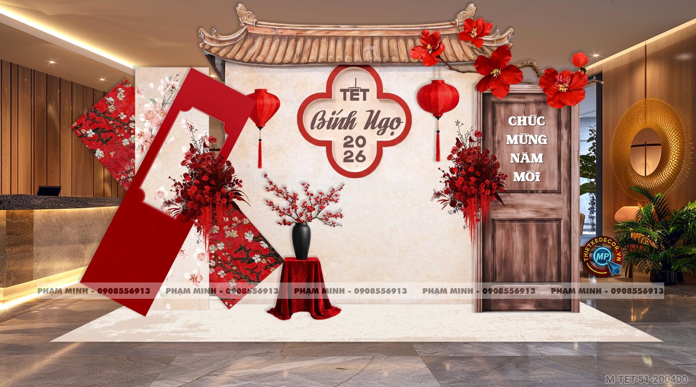 File thiết kế trang trí Tết 2026 Xuân Bính Ngọ phong cách Vintage tết xưa decor tiểu cảnh không gian chụp ảnh checkin cho Sảnh chung cư, Nhà hàng, khách sạn, trường học, quán cà phê sang trọng, đẹp mắt.