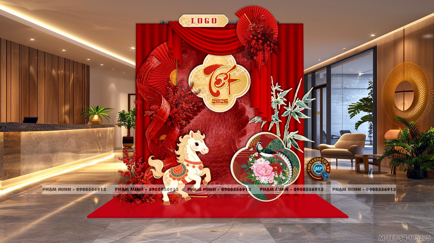 File thiết kế trang trí Tết 2026 Xuân Bính Ngọ decor tiểu cảnh không gian chụp ảnh checkin cho Sảnh chung cư, Nhà hàng, khách sạn, trường học, quán cà phê sang trọng, đẹp mắt.