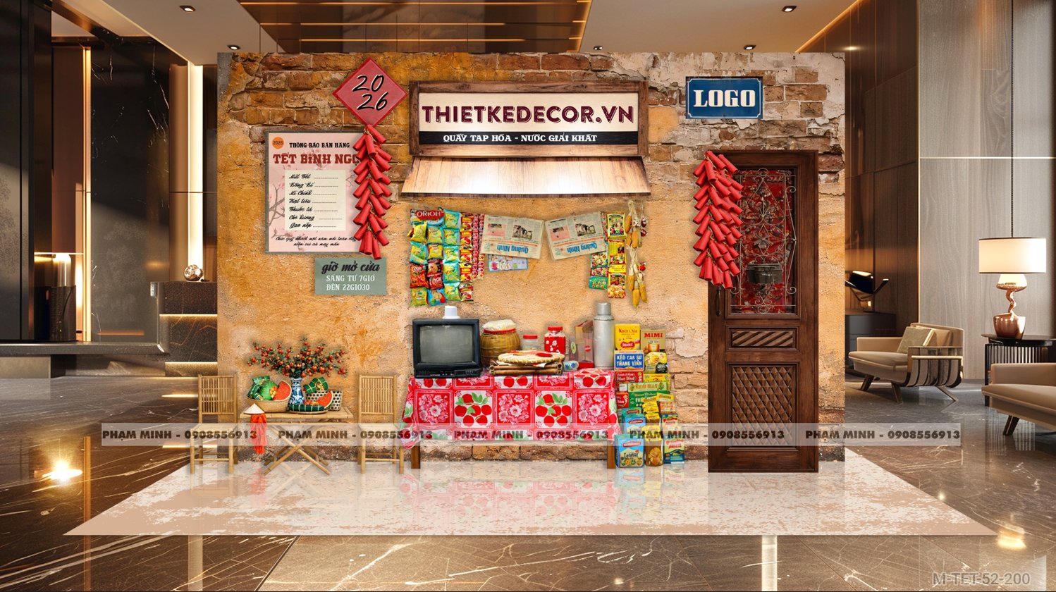 File thiết kế trang trí Tết 2026 Xuân Bính Ngọ phong cách Vintage tết xưa decor tiểu cảnh không gian chụp ảnh checkin cho Sảnh chung cư, Nhà hàng, khách sạn, trường học, quán cà phê sang trọng, đẹp mắt.