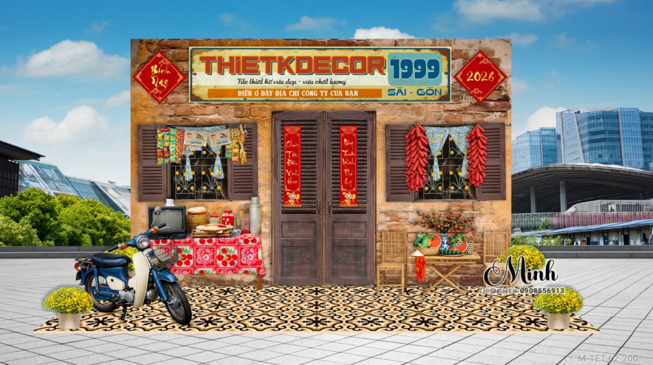 File thiết kế trang trí Tết 2026 Xuân Bính Ngọ phong cách Vintage tết xưa decor tiểu cảnh không gian chụp ảnh checkin cho Sảnh chung cư, Nhà hàng, khách sạn, trường học, quán cà phê sang trọng, đẹp mắt.