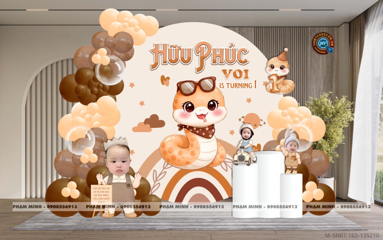 File thiết kế sinh nhật bé trai 1 tuổi rắn tỵ decor trang trí bong bóng tone nâu cute dễ thương đáng yêu