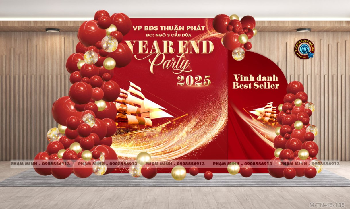 File thiết kế tiệc Tất niên 2025, Year End Party 2025 tone đỏ đen vàng luxury trang trí bong bóng căng bạt sang trọng cho công ty.