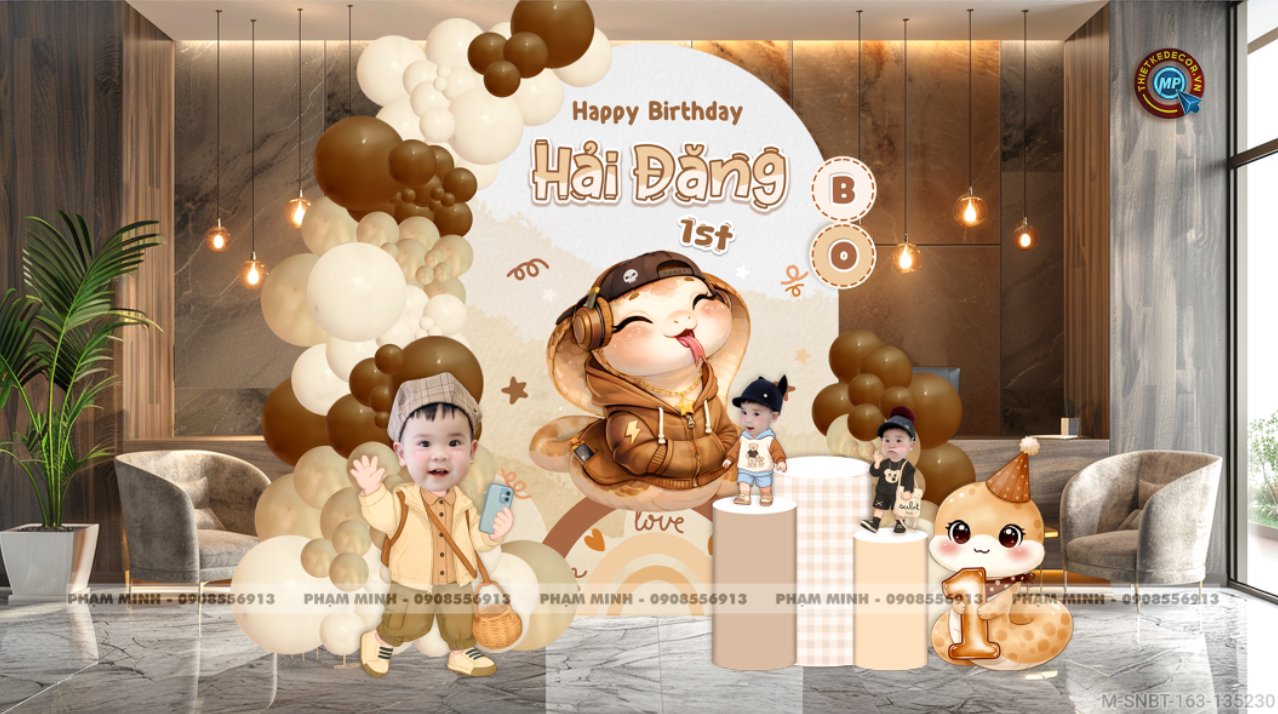 File thiết kế sinh nhật bé trai 1 tuổi rắn tỵ decor trang trí bong bóng tone nâu cute dễ thương đáng yêu